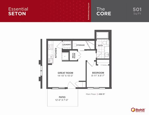 Floor plan for 1 bed, 1 bath, 501 sqft